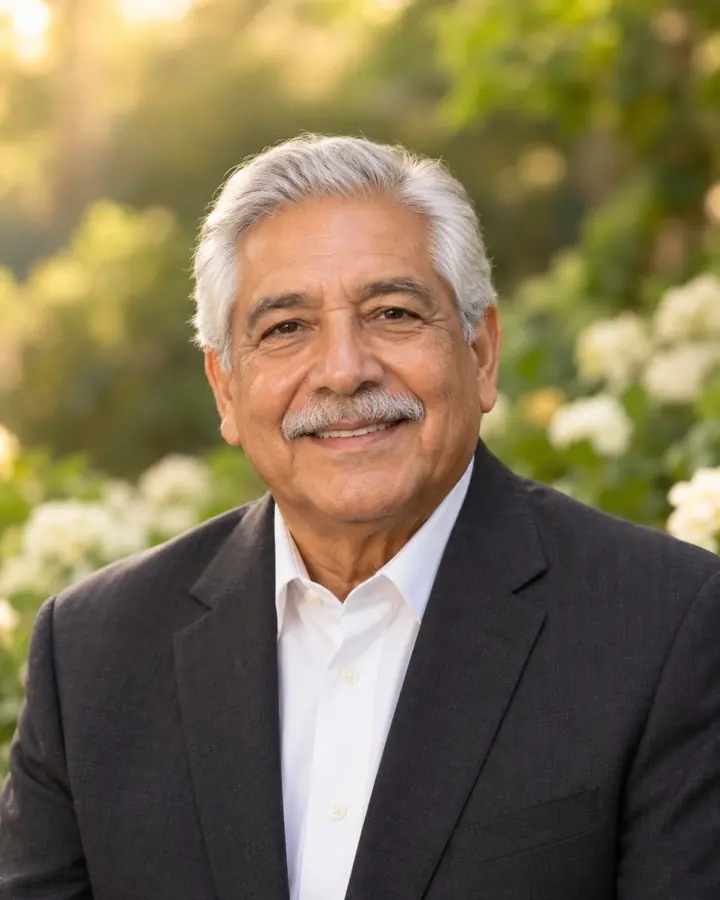 Fictional older Latino man portrait used in a Celebration of Life sample program