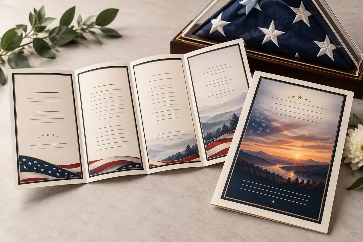 Fictional branch-neutral military memorial program and folded flag design sample