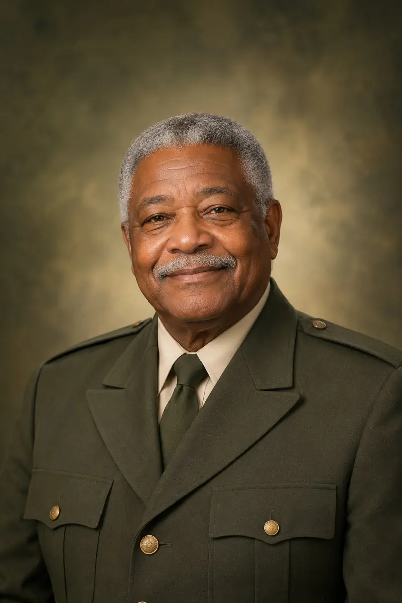 Fictional Army veteran sample portrait showing his full head and shoulders